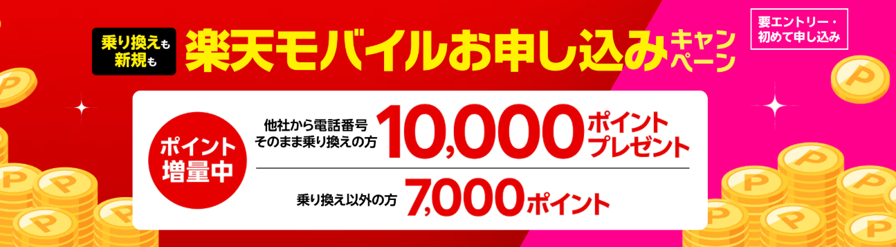 楽天モバイル初めてお申し込みキャンペーンでお乗り換えは10,000ポイント・新規お申し込みは7,000ポイントプレゼント!